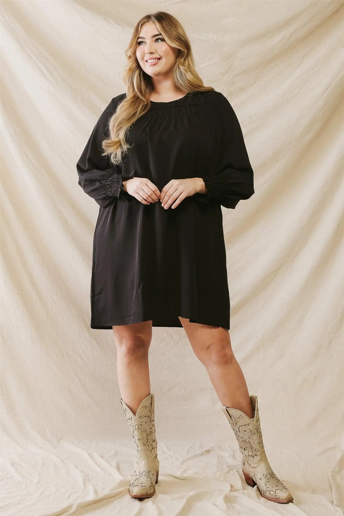 Junior Plus Black Elasticized Bust Long Sleeve Mini Dress /3-2-1 - Tasha Apparel Wholesale