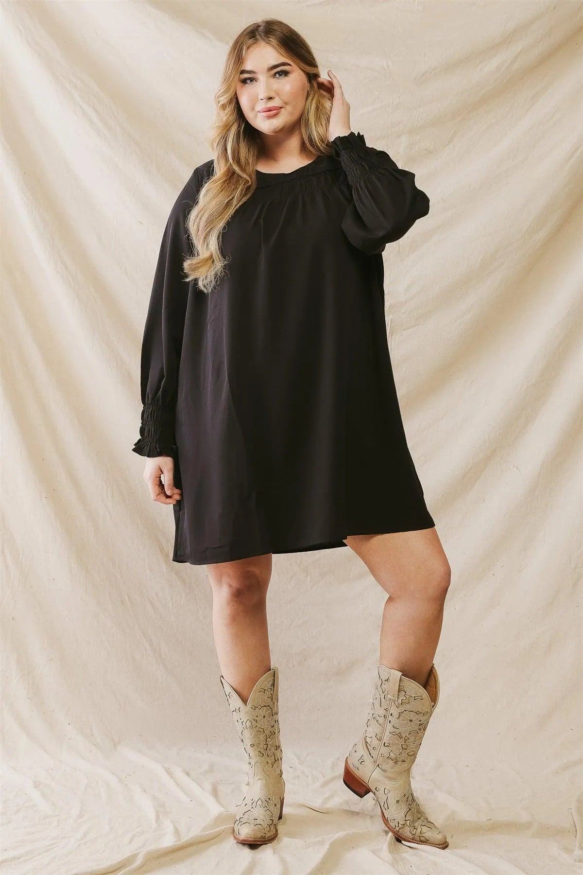 Junior Plus Black Elasticized Bust Long Sleeve Mini Dress /3-2-1 - Tasha Apparel Wholesale