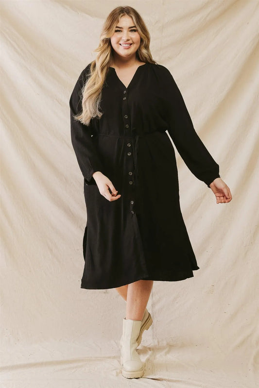 Junior Plus Black Cotton Button-Up Two Pocket Belted Midi Dress /2-2-1 - Tasha Apparel Wholesale