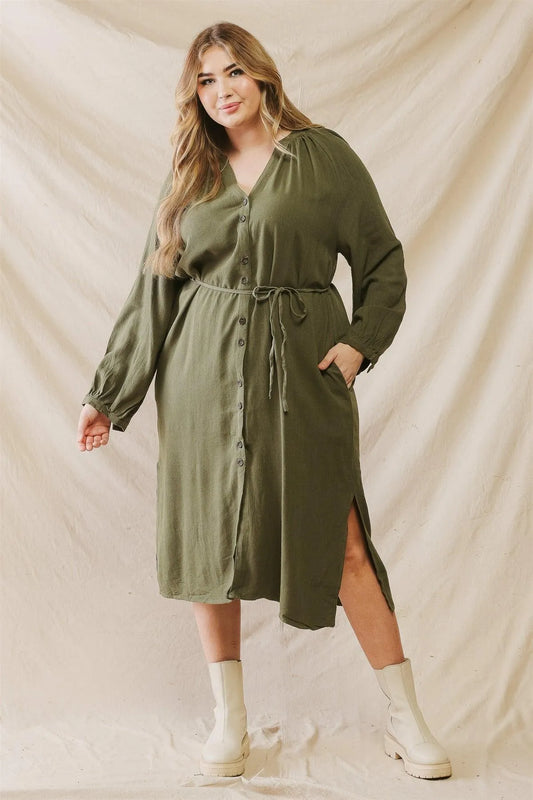 Junior Plus Olive Cotton Button-Up Two Pocket Belted Midi Dress /3-2-1 - Tasha Apparel Wholesale
