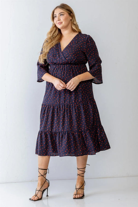 Junior Plus Navy Polka Dot Print Wrap V-Neck Midi Dress /3-2-1 - Tasha Apparel Wholesale