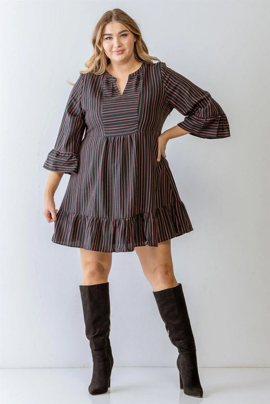 Junior Plus Navy Stripe Print Cotton Flare Hem Mini Dress /3-2-1 - Tasha Apparel Wholesale