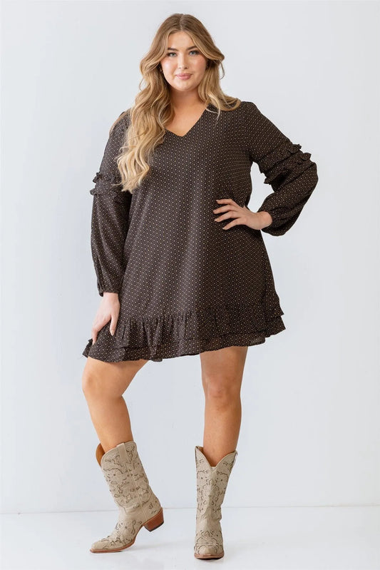 Junior Plus Black Floral Print Ruffle Mini Dress - Tasha Apparel Wholesale
