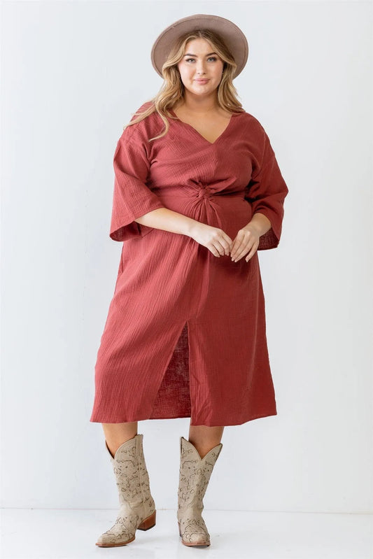 Junior Plus Textured Cotton Wrap Detail Midi Dress - Tasha Apparel Wholesale