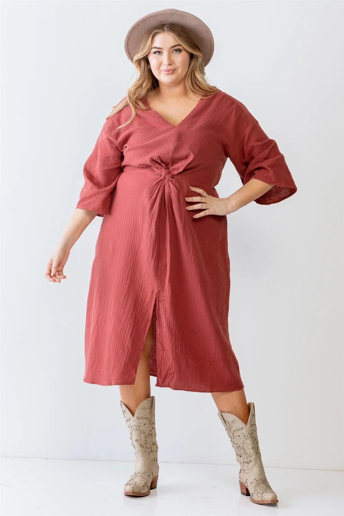 Junior Plus Brick Textured Cotton Material Wrap Detail Midi Dress /3-3 - Tasha Apparel Wholesale