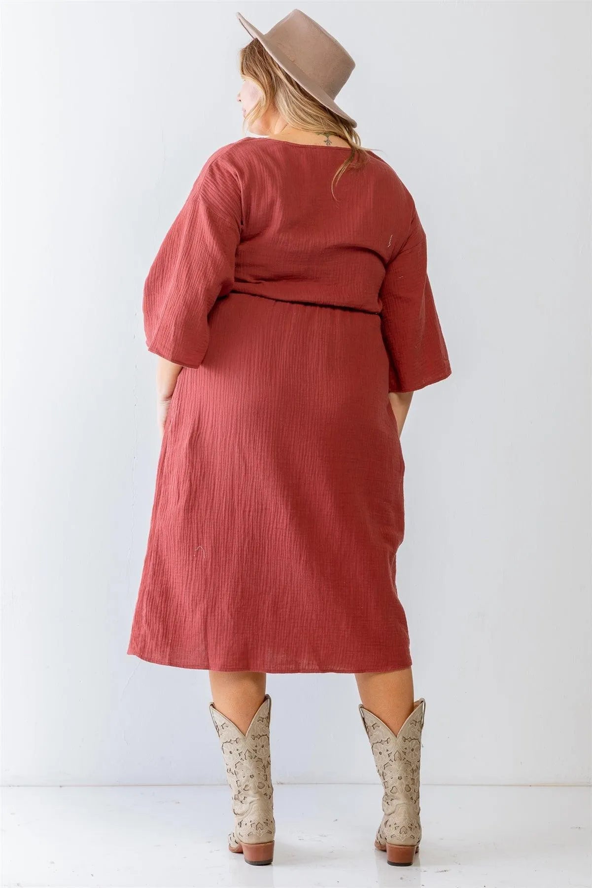 Junior Plus Brick Textured Cotton Material Wrap Detail Midi Dress /3-3 - Tasha Apparel Wholesale