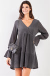 Charcoal Plunging V-Neck High-Waist Long Flare Sleeve Mini Dress /2-2-2 - Tasha Apparel Wholesale