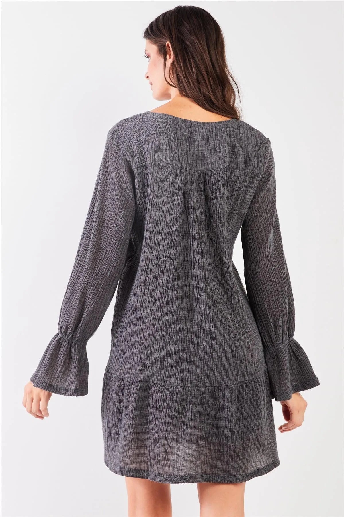Charcoal Plunging V-Neck High-Waist Long Flare Sleeve Mini Dress /2-2-2 - Tasha Apparel Wholesale