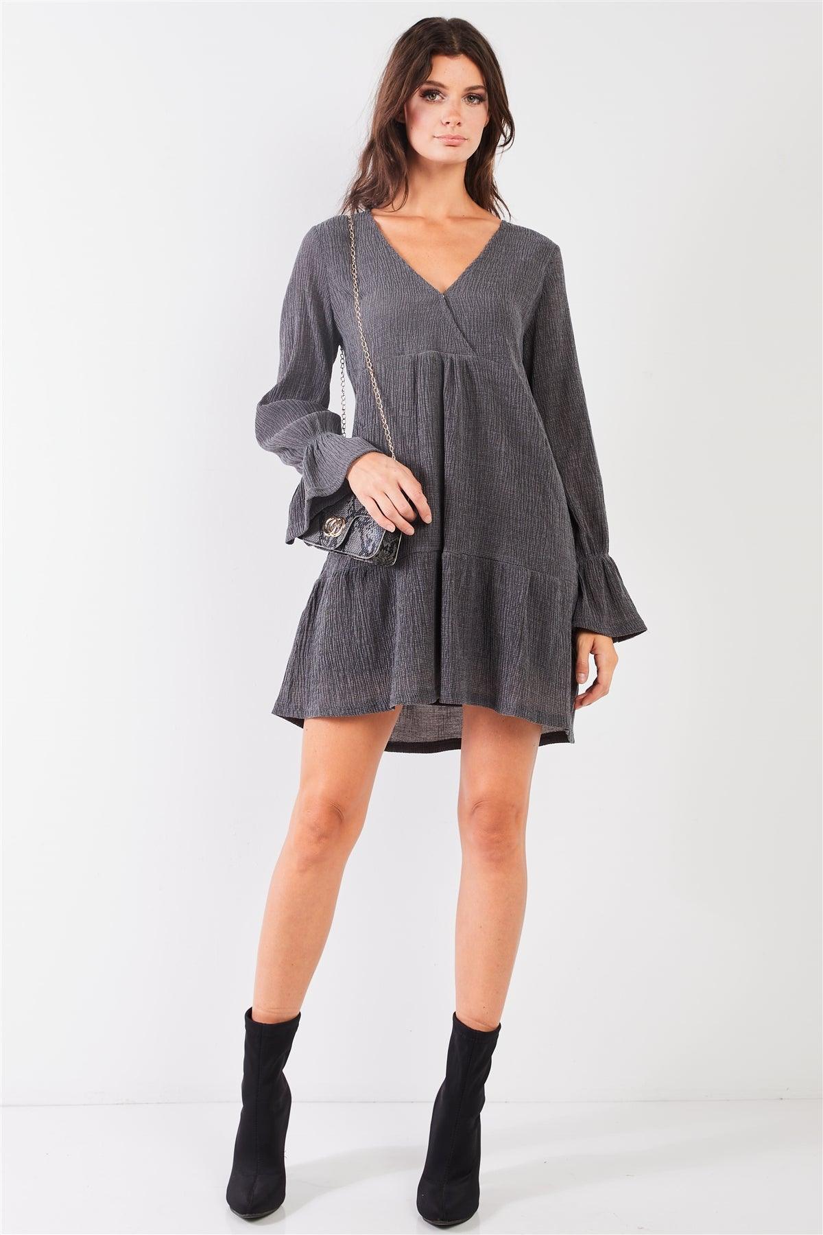 Charcoal Plunging V-Neck High-Waist Long Flare Sleeve Mini Dress /2-2-2