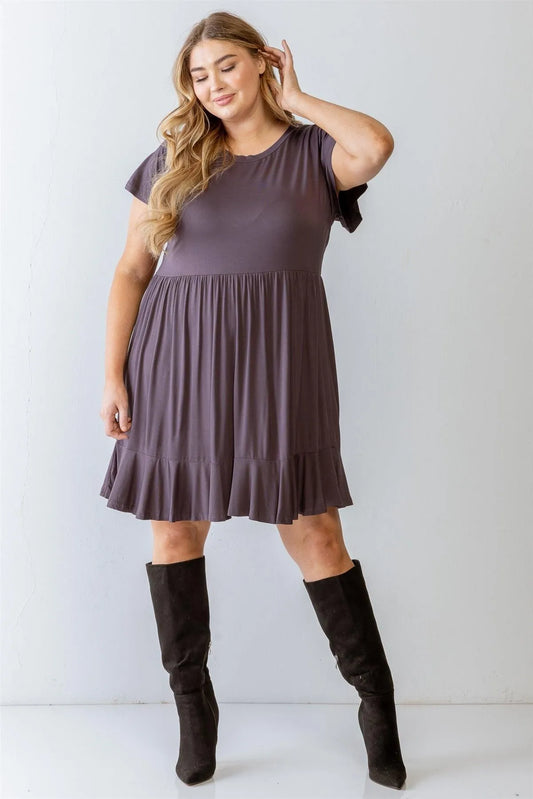 Junior Plus Charcoal Short Sleeve Flare Hem Mini Dress /3-2-1 - Tasha Apparel Wholesale