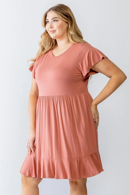 Junior Plus Rose Short Sleeve Flare Hem Mini Dress /2-2-1 - Tasha Apparel Wholesale