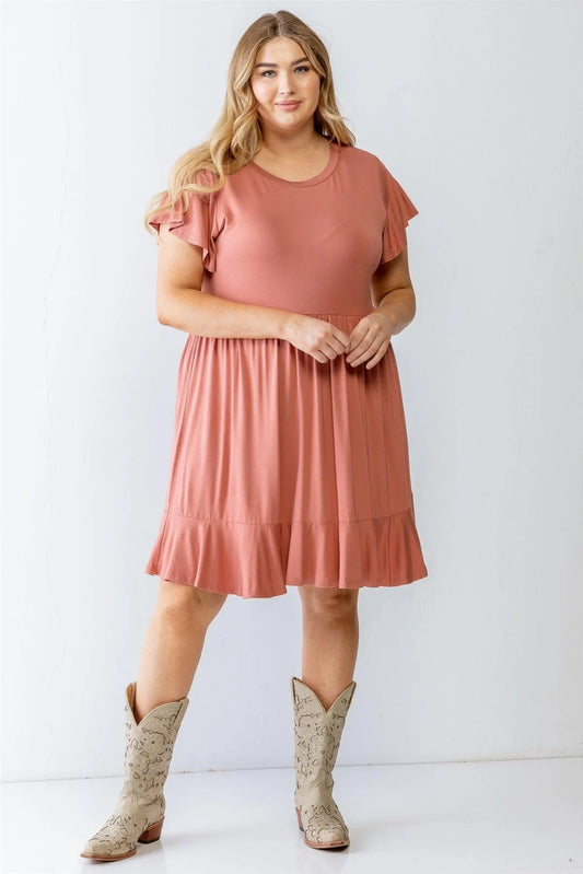 Junior Plus Rose Short Sleeve Flare Hem Mini Dress /3-3 - Tasha Apparel Wholesale