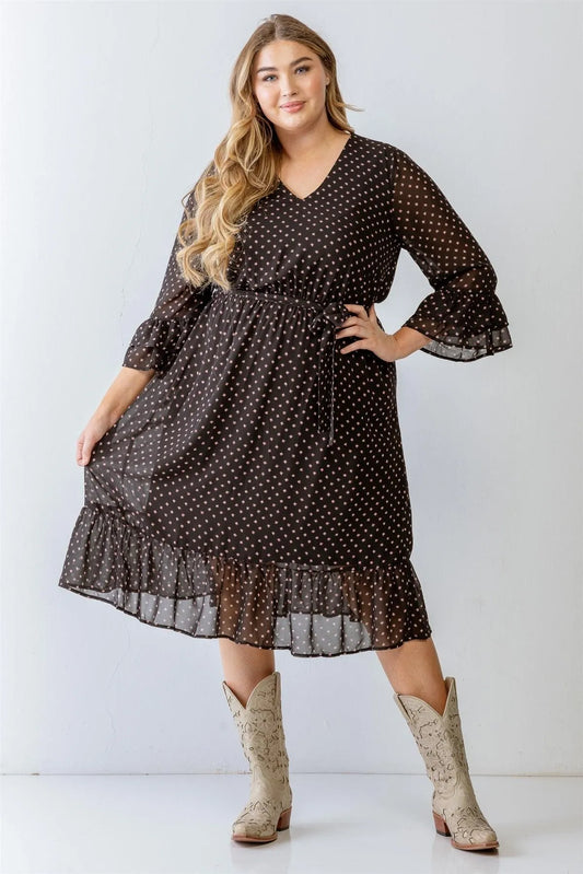 Junior Plus Black Print Belted Flare Hem Midi Dress /2-2-1 - Tasha Apparel Wholesale