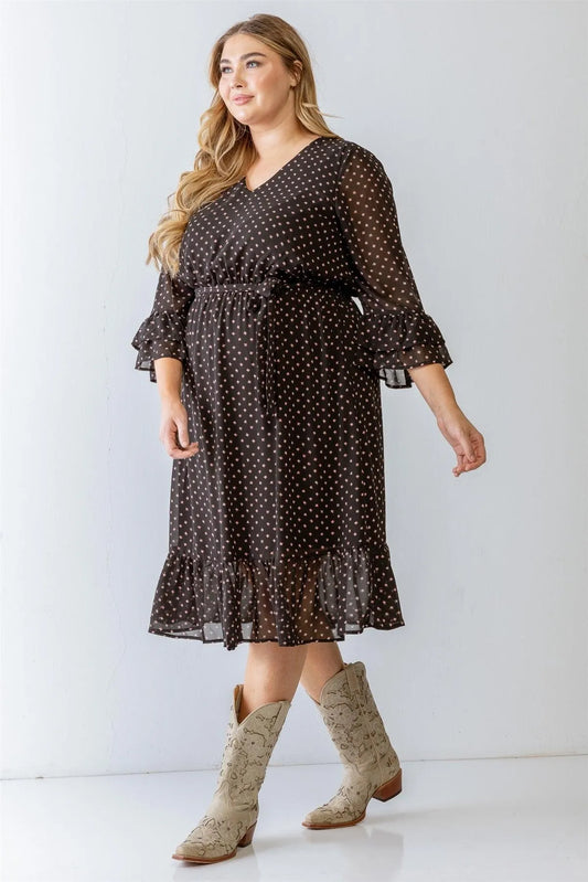 Junior Plus Black Print Belted Flare Hem Midi Dress /3-2-1 - Tasha Apparel Wholesale