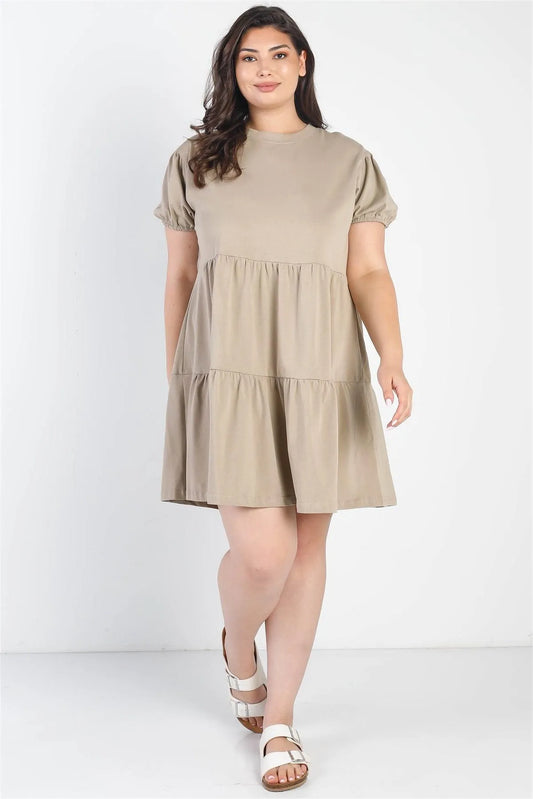 Junior Plus Stone Short Puff Sleeve Flare Mini Dress /3-1-1 - Tasha Apparel Wholesale