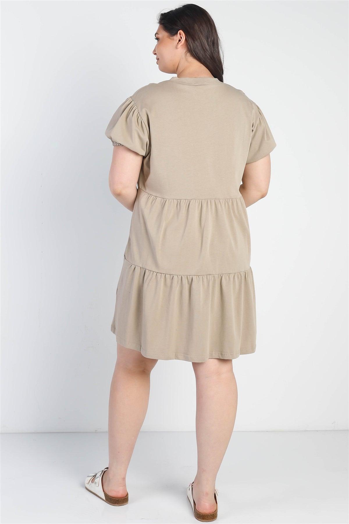 Junior Plus Stone Short Puff Sleeve Flare Mini Dress /3-2-1