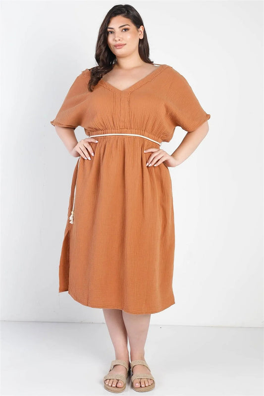 Junior Plus Sand Textured Trim V-Neck Belted Midi Dress /3-2-1 - Tasha Apparel Wholesale
