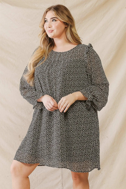 Junior Plus Black Print Ruffle Detail Long Sleeve Mini Dress /2-2-1 - Tasha Apparel Wholesale