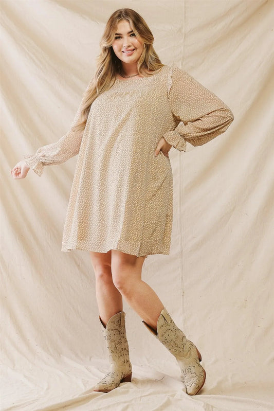 Junior Plus Tan Print Ruffle Detail Long Sleeve Mini Dress /3-2-1 - Tasha Apparel Wholesale