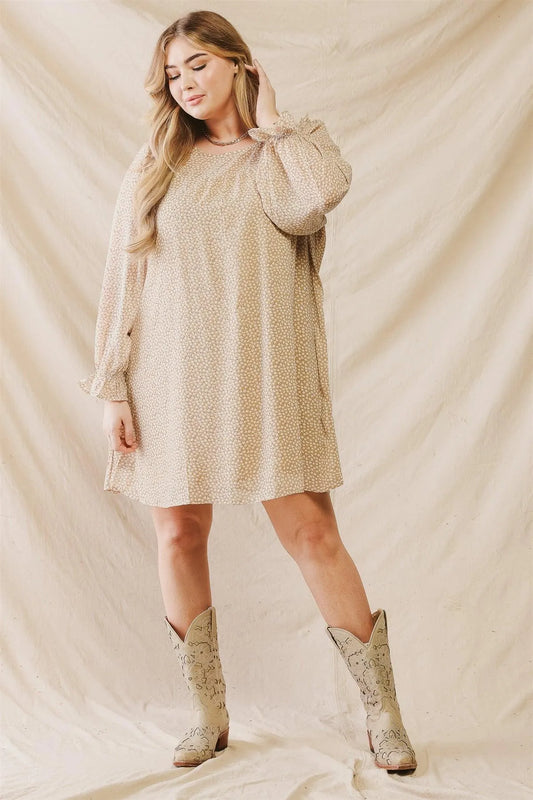 Junior Plus Tan Print Ruffle Detail Long Sleeve Mini Dress /3-3-2 - Tasha Apparel Wholesale