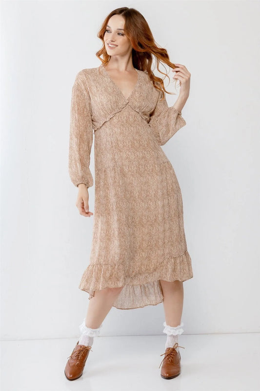 Camel Printed V-Neck Ruffle Detail Flare Hem Midi Dress /2-2-2 - Tasha Apparel Wholesale