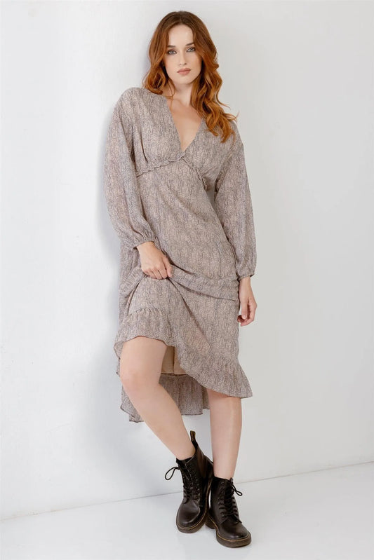 Mocha Printed V-Neck Ruffle Detail Flare Hem Midi Dress /2-2-2 - Tasha Apparel Wholesale