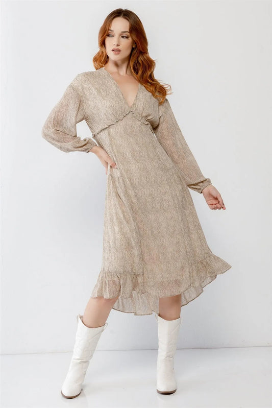 Olive Printed V-Neck Ruffle Detail Flare Hem Midi Dress /2-2-2 - Tasha Apparel Wholesale