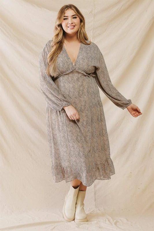 Junior Plus Mocha Printed V-Neck Ruffle Detail Flare Hem Midi Dress /3-2-1 - Tasha Apparel Wholesale