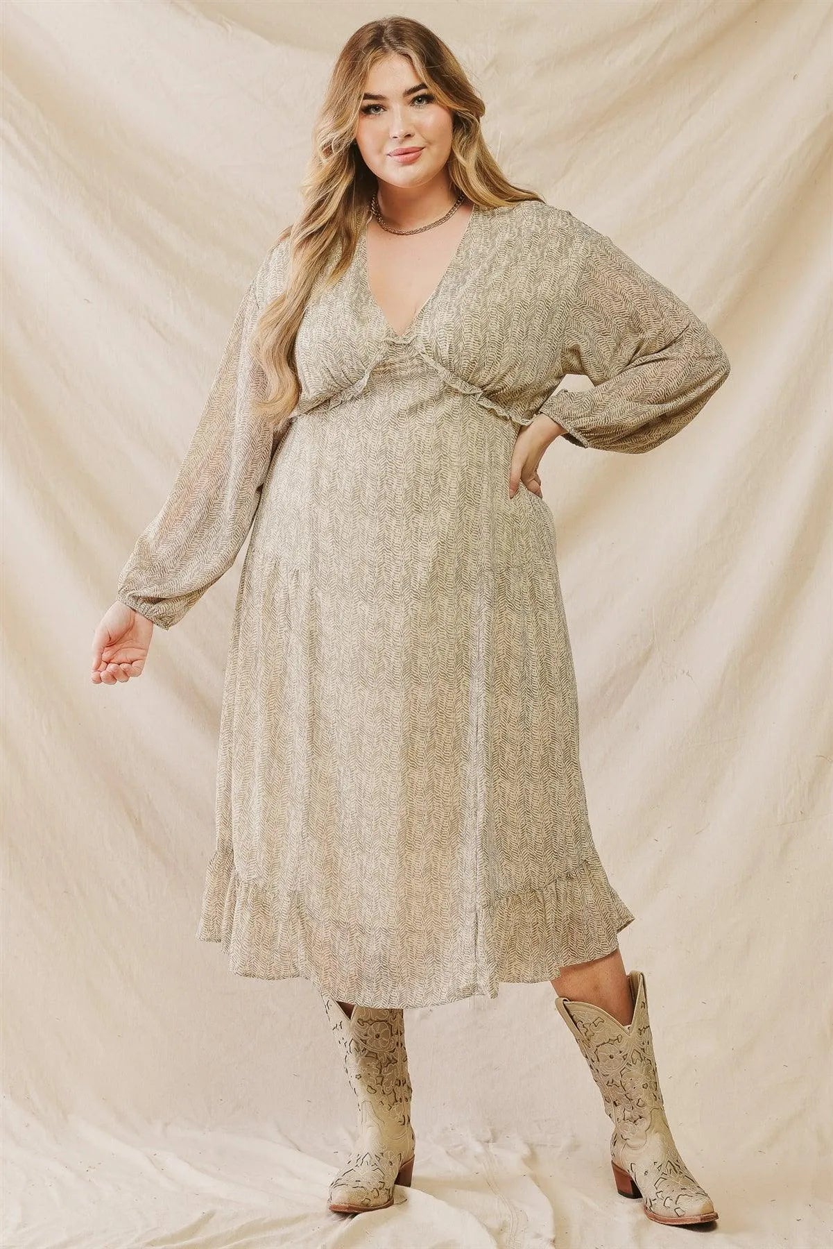 Junior Plus Olive Printed V-Neck Ruffle Detail Flare Hem Midi Dress /2-2-1 - Tasha Apparel Wholesale