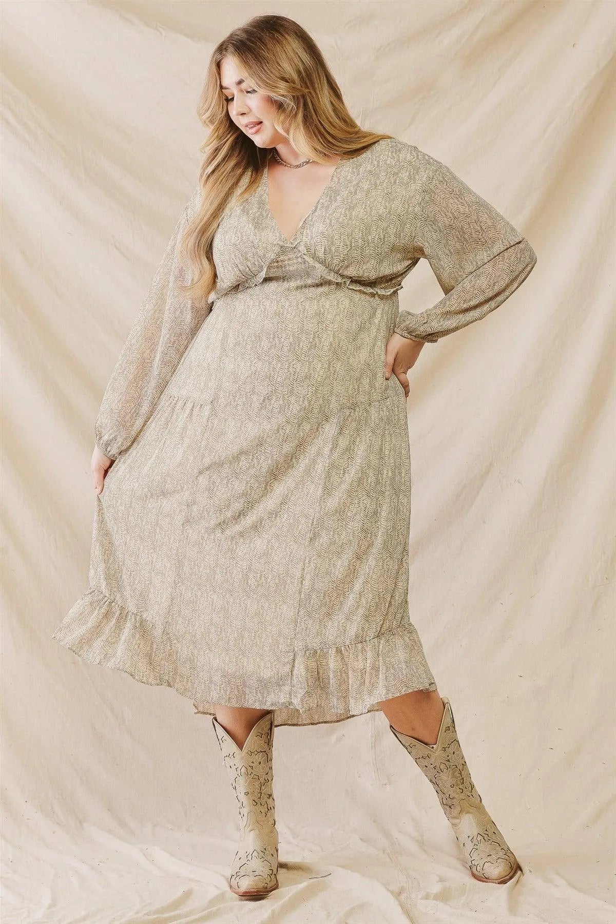Junior Plus Olive Printed V-Neck Ruffle Detail Flare Hem Midi Dress /2-2-1 - Tasha Apparel Wholesale