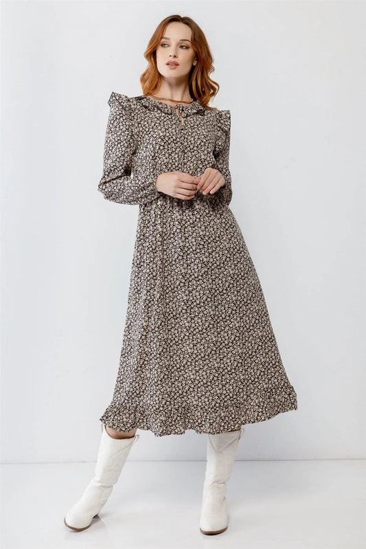 Black Flower Print Ruffle Crew Neck Cut-Out Detail Flare Hem Midi Dress /2-2-2 - Tasha Apparel Wholesale