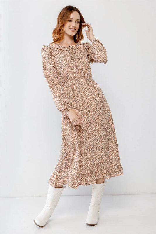 Cream Flower Print Ruffle Crew Neck Cut-Out Detail Flare Hem Midi Dress /2-2-2 - Tasha Apparel Wholesale