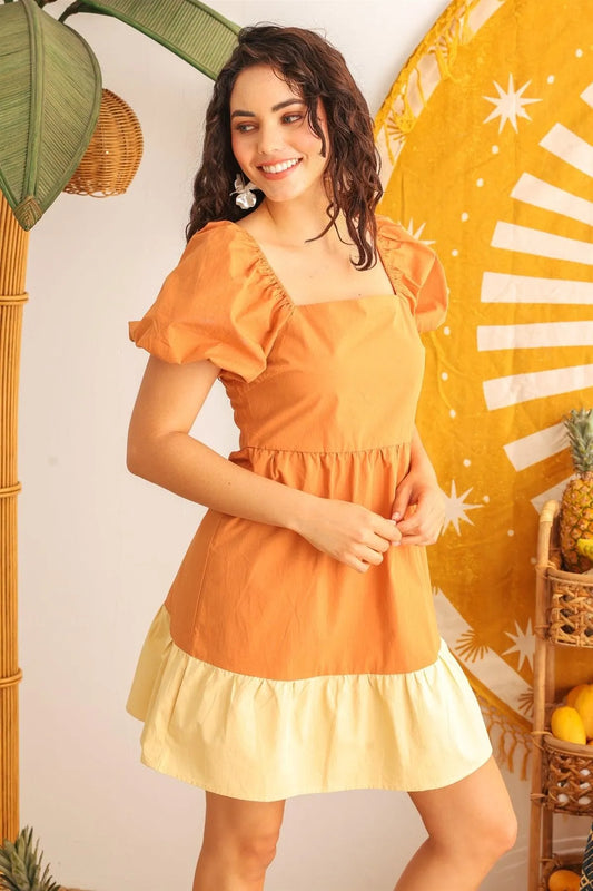 Salmon & Ivory Cotton Puff Short Sleeve Mini Dress /2-2-2 - Tasha Apparel Wholesale