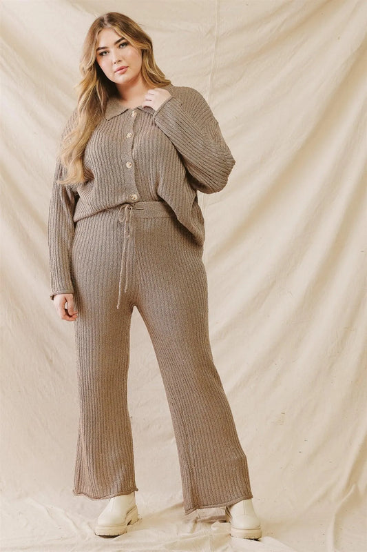 Junior Plus Mocha Knit High Waist Wide Leg Pants /3-2-1 - Tasha Apparel Wholesale