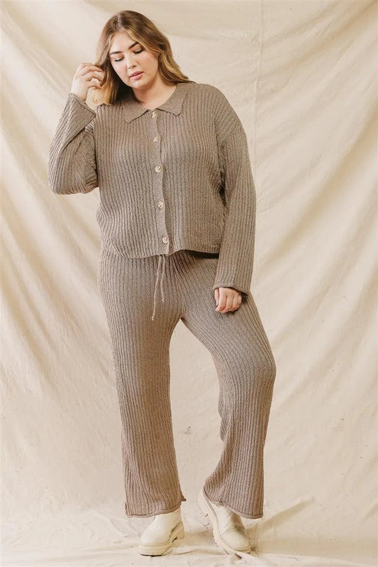 Junior Plus Mocha Knit Button-Up Collared Sweater & Wide Leg Pants Set /2-2-1 - Tasha Apparel Wholesale