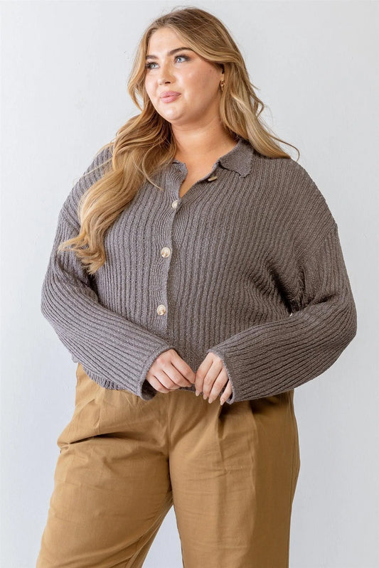 Junior Plus Charcoal Knit Ribbed Button-Up Collared Sweater /3-2-1 - Tasha Apparel Wholesale