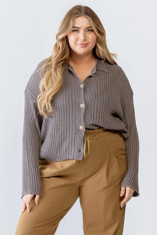 Junior Plus Charcoal Knit Ribbed Button-Up Collared Sweater /2-3-1 - Tasha Apparel Wholesale