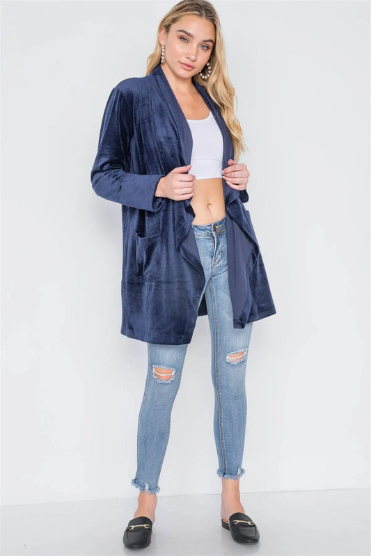 Navy Open Front Long Sleeve Soft Velvet Cardigan /3-1-2 - Tasha Apparel Wholesale
