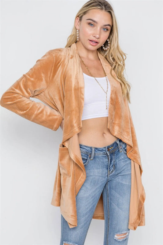 Rust Open Front Long Sleeve Soft Velvet Cardigan /2-2-2 - Tasha Apparel Wholesale
