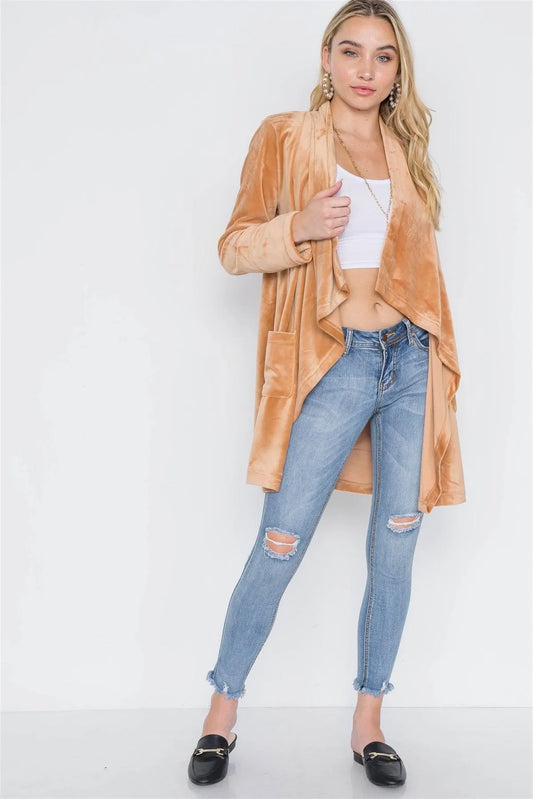 Rust Open Front Long Sleeve Soft Velvet Cardigan /1-2-3 - Tasha Apparel Wholesale
