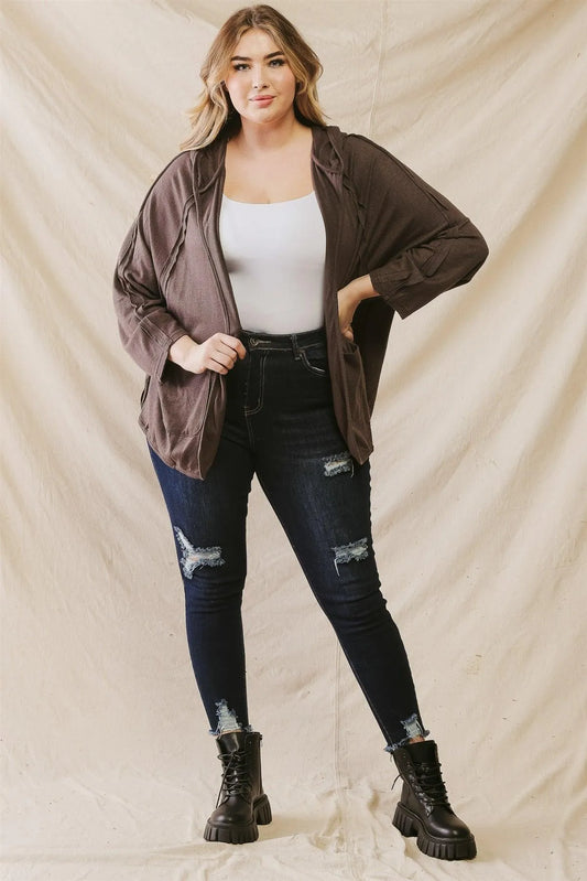 Junior Plus Charcoal Inside-Out Detail Two Pocket Hooded Open Front Cardigan /2-1-1 - Tasha Apparel Wholesale