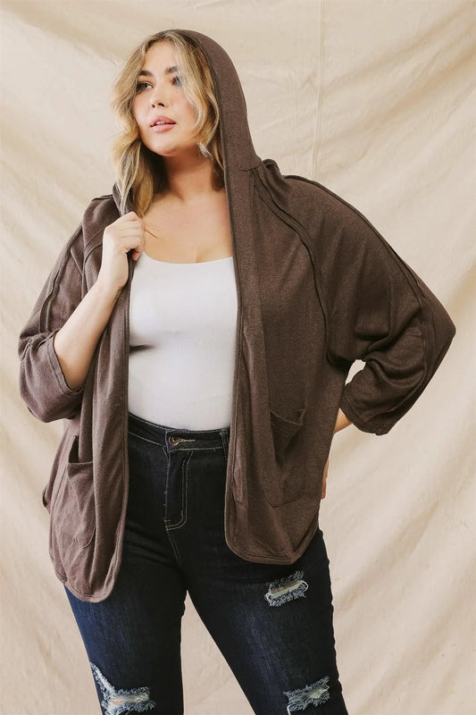 Plus Size Inside-Out Hooded Open Front Cardigan /3-2-1 - Tasha Apparel Wholesale