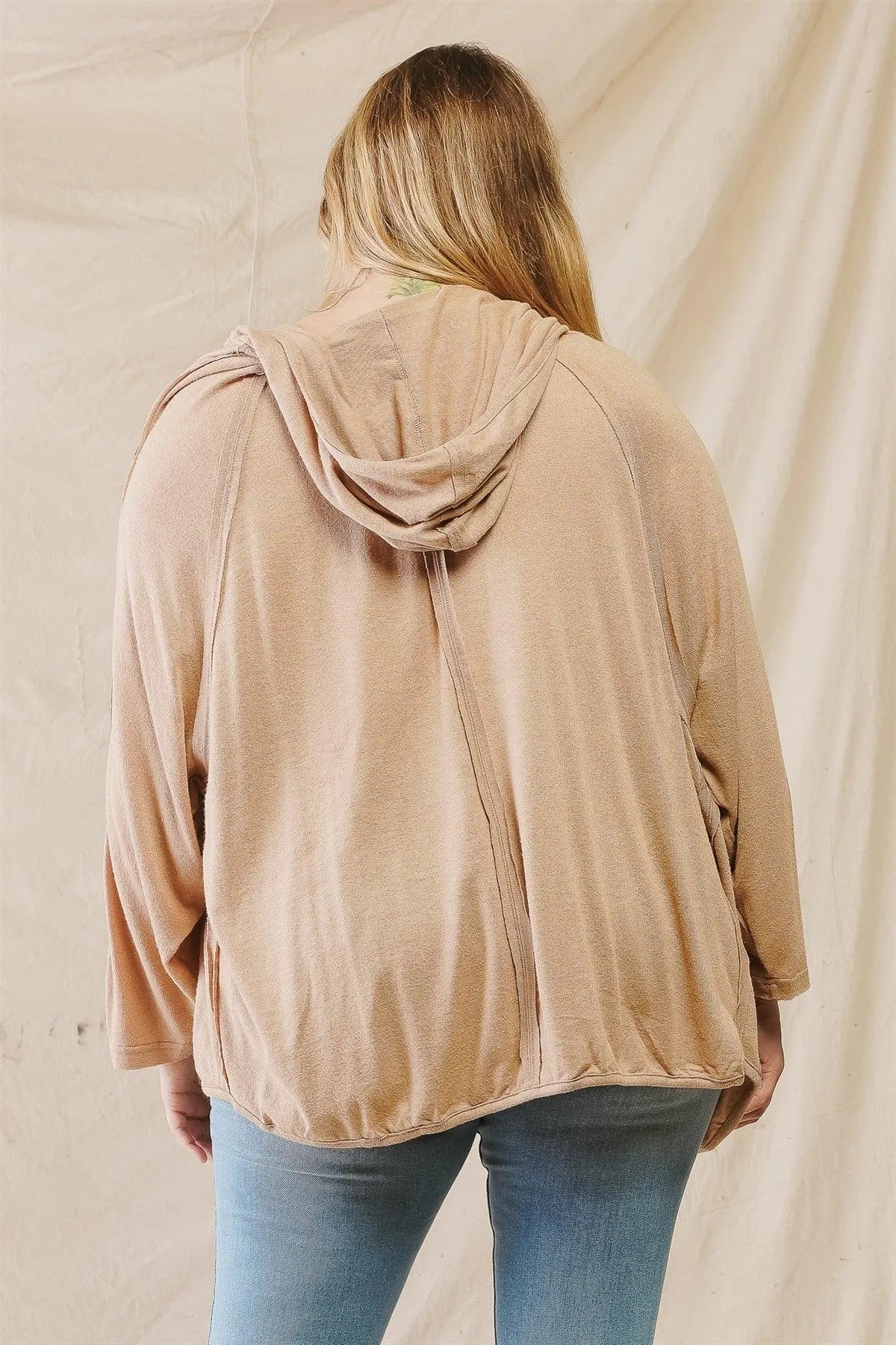 Junior Plus Mocha Inside-Out Detail Two Pocket Hooded Open Front Cardigan /2-2-1 - Tasha Apparel Wholesale