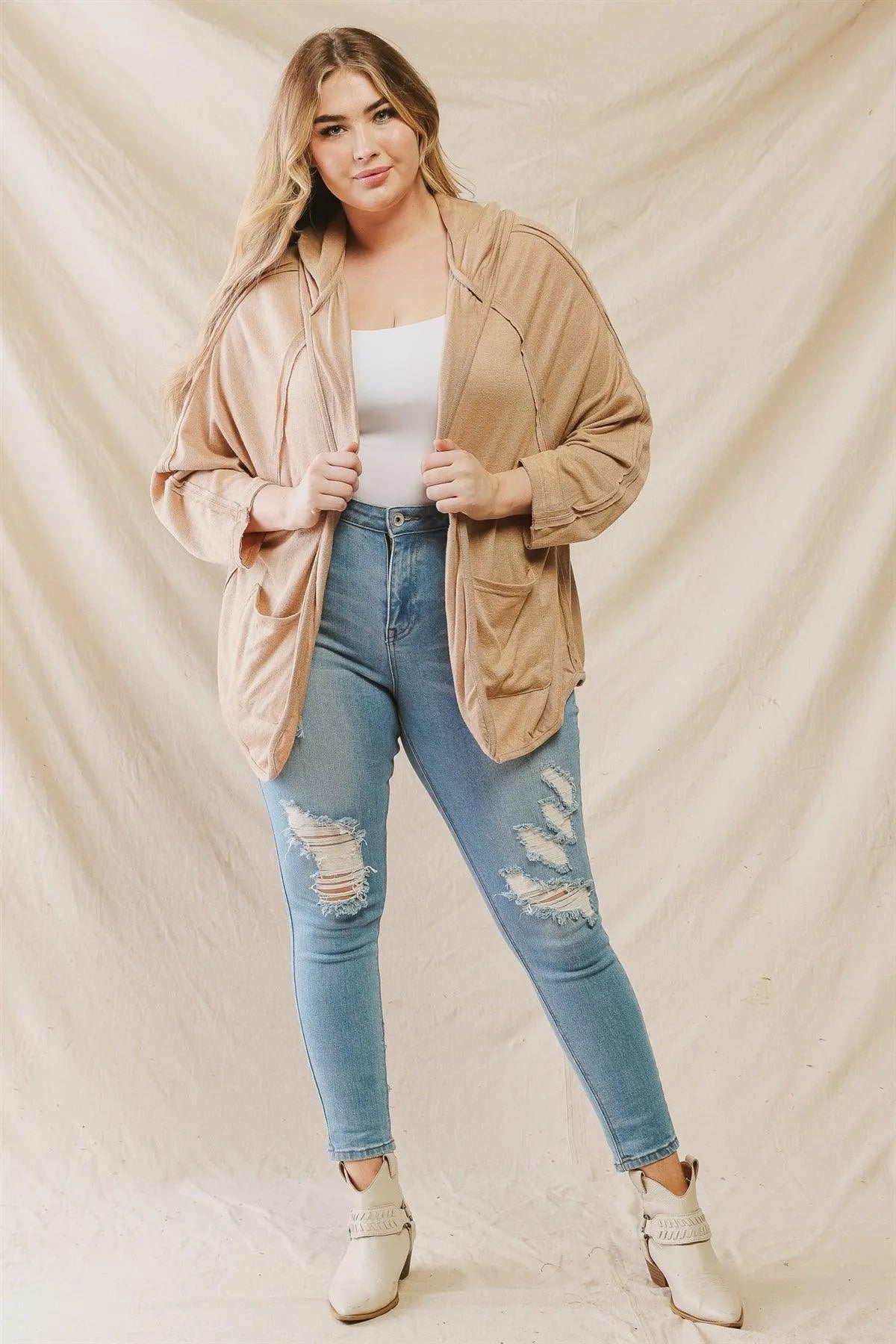 Junior Plus Mocha Inside-Out Detail Two Pocket Hooded Open Front Cardigan /2-2-1 - Tasha Apparel Wholesale