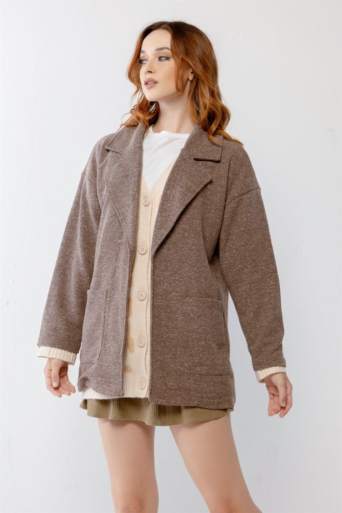 Mocha Knit Collared Two Pocket Open Front Cardigan /2-2-2