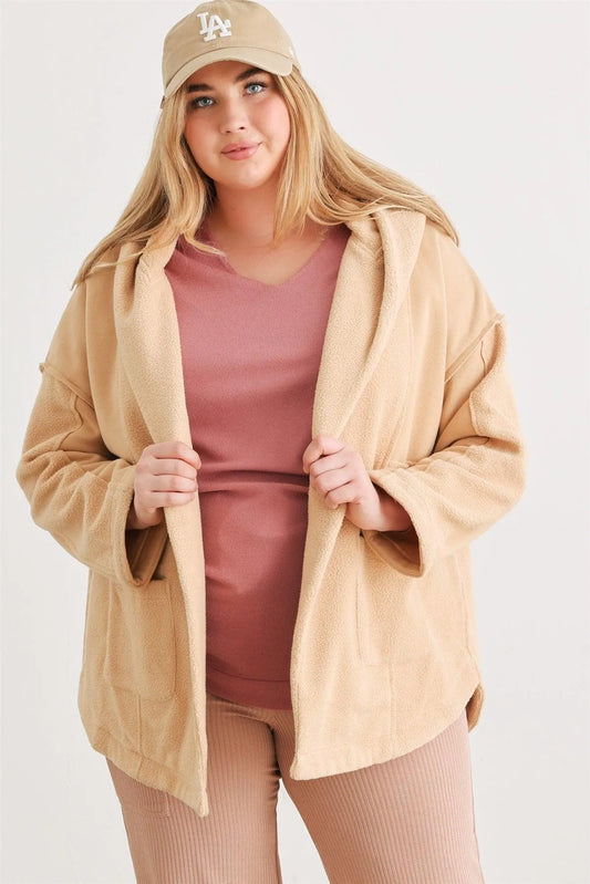 Junior Plus Taupe Two Pocket Open Front Soft To Touch Hooded Cardigan Jacket /2-2-2 - Tasha Apparel Wholesale