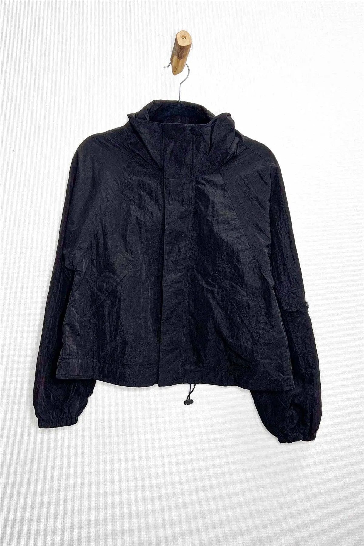 Black Zip-Up & Button Drawstring Hem Three Pocket Coach Jacket - Tasha Apparel Wholesale