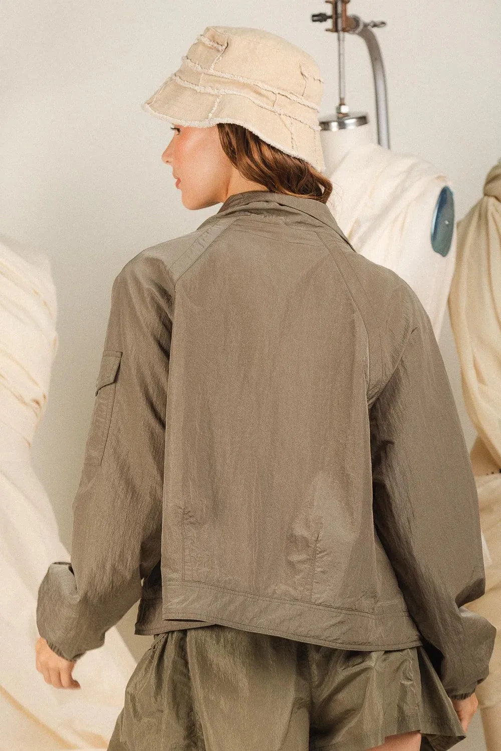 Black Zip-Up & Button Drawstring Hem Three Pocket Coach Jacket - Tasha Apparel Wholesale