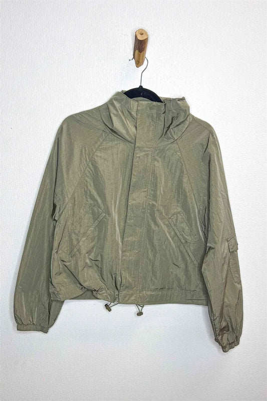 Olive Glossy Zip-Up & Button Drawstring Hem Three Pocket Coach Jacket /2-2-2 - Tasha Apparel Wholesale