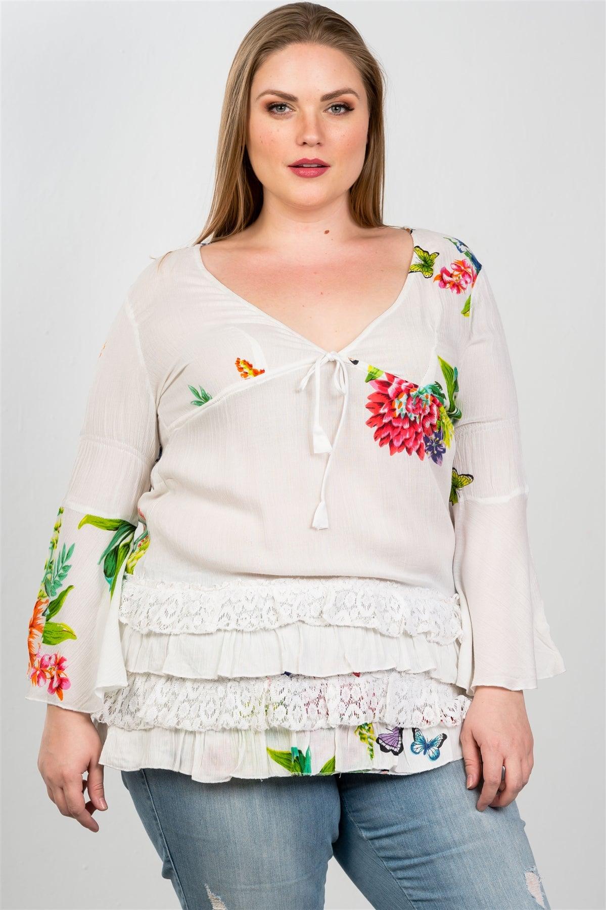 Boho White Plus Size Floral Mix Print Lace Ruffle Hem Top /2-2-2